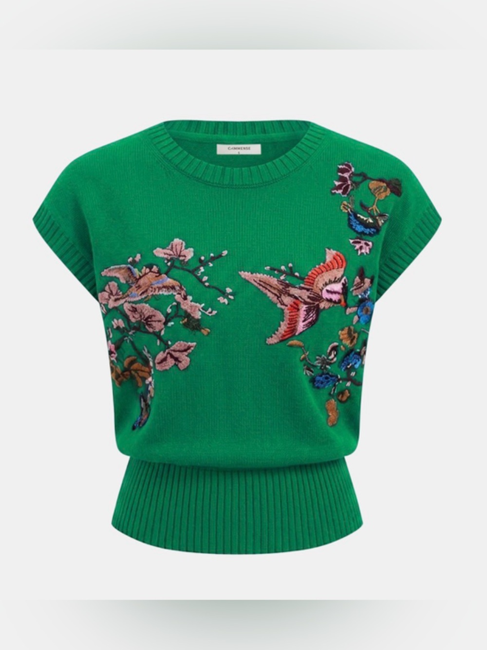 Commense Green Floral & Bird Embroidered Knit Vest